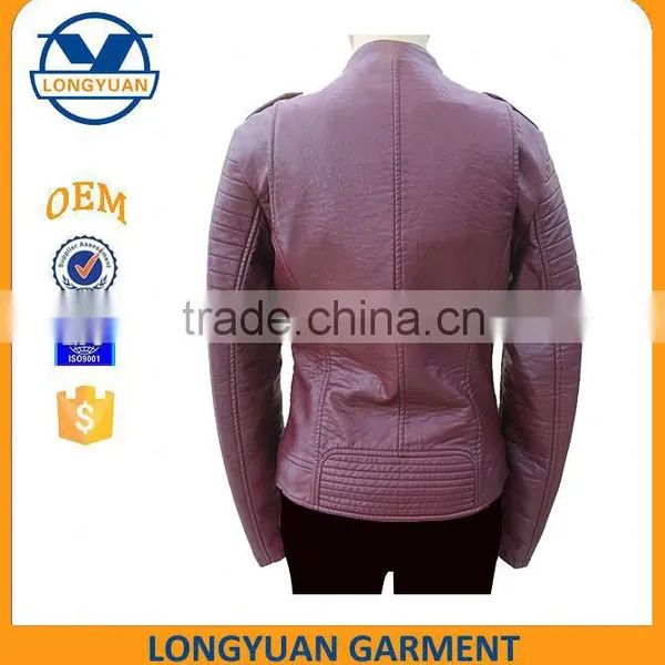 Wine Red Fashionable Wholesale Stylish Slim Style pu Leather Jacket for Woman 2016 photo-2