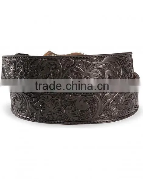 Western Cowboy Style Floral Emboss Black Genuine Leather Longhorn Buckle Belt photo-2