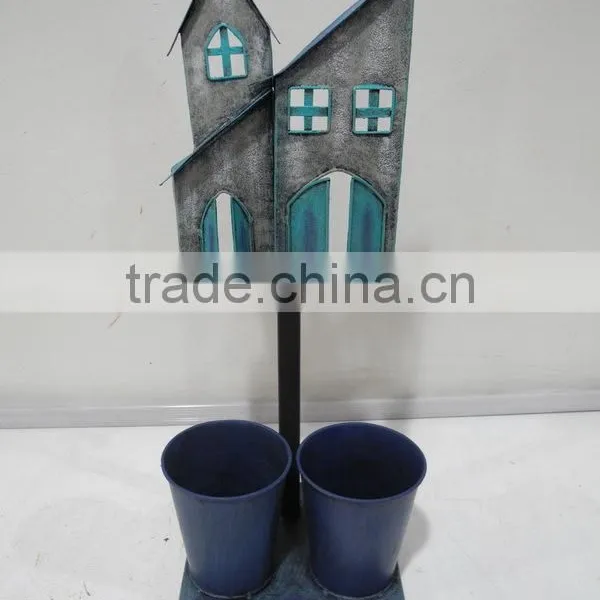 Home and Garden Decorative Planter Box With 2 Metal Pots in House Shape and Window Pane Design photo-2