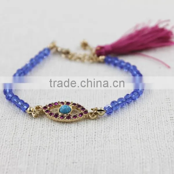 Rhinestone Turquoise Inset Oval Evil Eye Charm Crystal Bracelet Fashion Tassel Bracelet photo-2