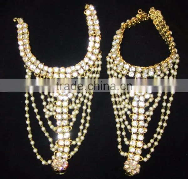 GOLD Tone Crystal Pearl PAYAL Anklets Toe Ring Barefoot Sandal photo-3