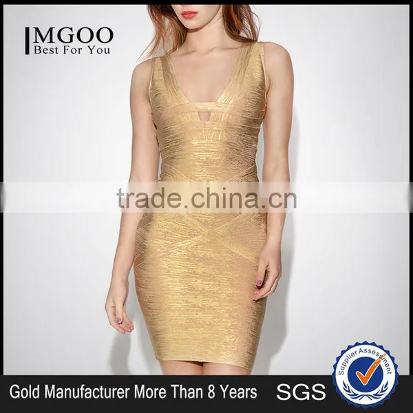 MGOO High Quality Wholesale OEM/ODM Gold Bandage Spandex Dress For Ladies Mini Bodycon Sheath Sexy Club Dress H838 photo-2