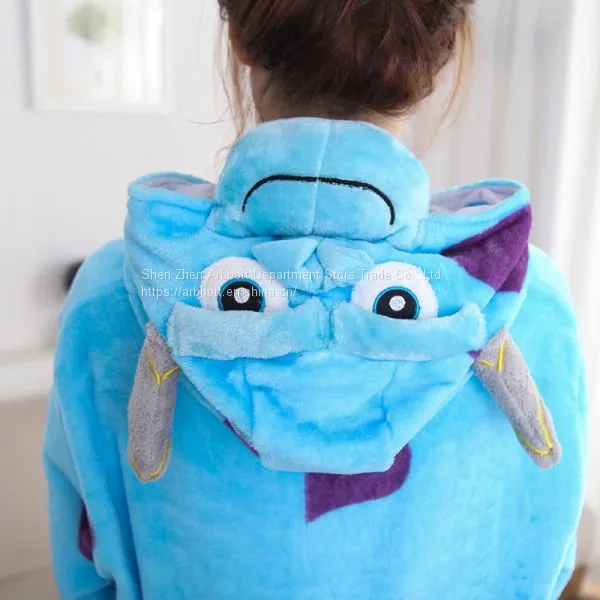 Blue Cow Cartoon Flannel Conjoined Polyester Pajamas photo-5