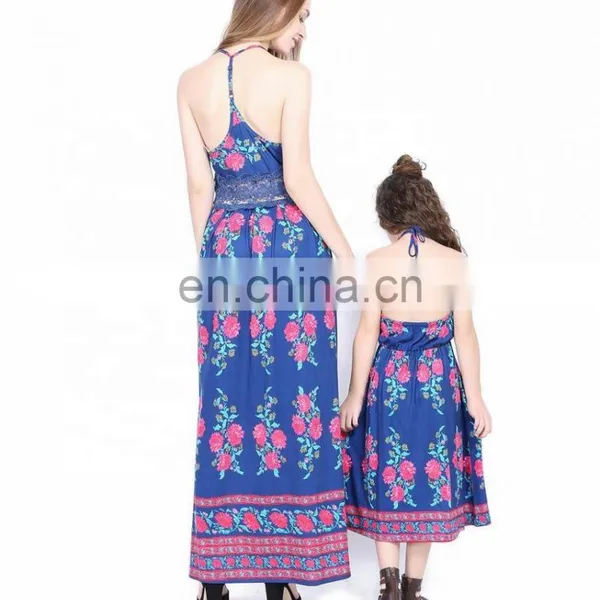 Fashion Design Mommy and me Outfits Blue Floral Printed Mother Daughter Matching Dress photo-3