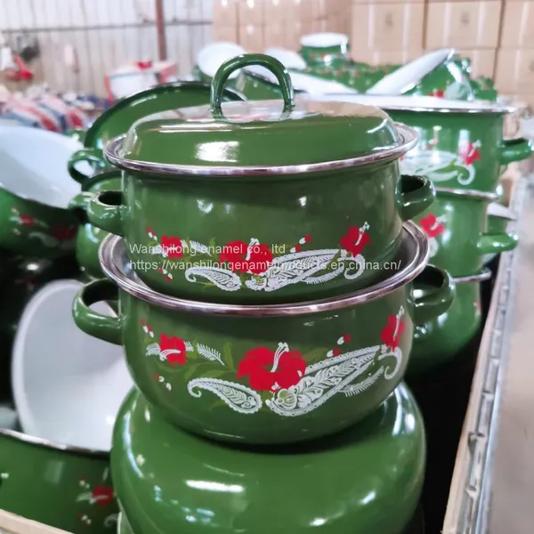 Green Decal Enamel Cookware Pot 5 Pcs Enamel Casserole Set Double Handle Stock Belly Pot With Lid photo-5