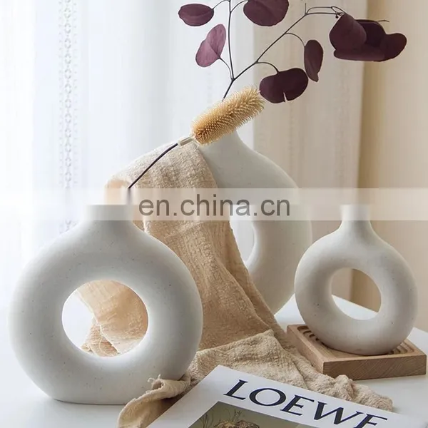 Black Circular Hollow Ceramic Vase Donuts Nordic Flower Pot Home Decoration Accessories Office Living Room Interior Decor photo-5