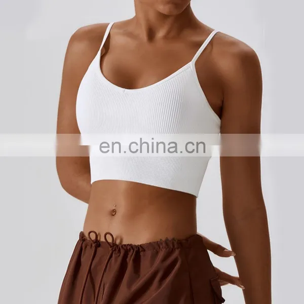 Ribbed High Support Sports Strapped Bras Wholesale Cross Back Adjustable Sling Yoga Tank Top photo-3