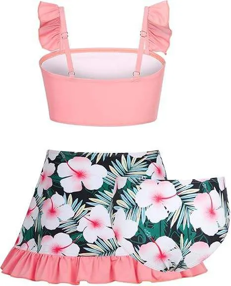 Girls 3-Piece Hawaiian Bikini Set With Cover Ups Skirt Swimsuit Kids for 5-12 Years Plus Size Print Bathing Swimwear Kids photo-3