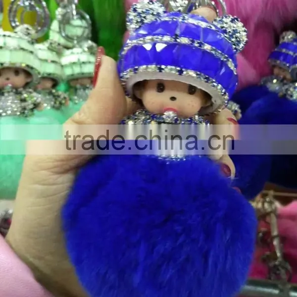 Wholesale New Designs Cute Multicolor Rhinestone Monchhichi Doll Rabbit Fur Ball Keychain photo-4