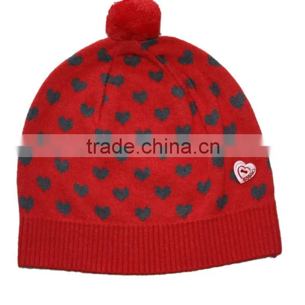 Girls Red and Black Heart Pattern Jacquard Hat and Cap With Top Ball and Button