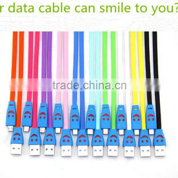 Hot sell smiling face LED flat usb2.0 micro data cable,micro usb cable with led light