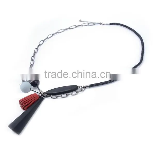 Geometric Wood Bead Rubber Strip Pendant Necklace Velvet Leather Tassel Necklace Chain Linked Suede Leather Necklace photo-4
