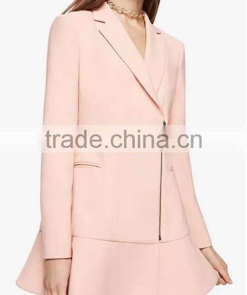 Fashion Women Clothing OEM Front Zipper Bare Pink Flounce Jacket Dress photo-3