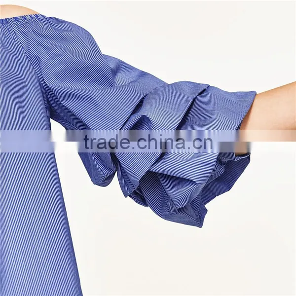 2017 OEM Spring Cute Pleated Vertical Stripes Off Shoulder Blouse photo-4