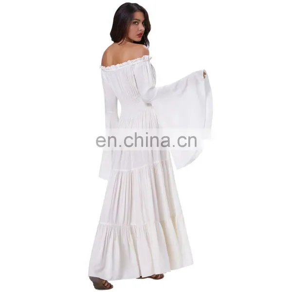 Belle Poque Retro Vintage Long Bell Sleeves Off Shoulder Cotton Flared A-Line Beige Long Maxi Dress BP000401-1 photo-5