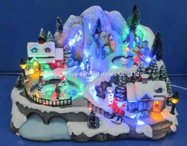 Polyresin Christmas Decoration 11“ Fiber Optic Church With Rotating Tree and Skating Childs, Eight Songs Music photo-5