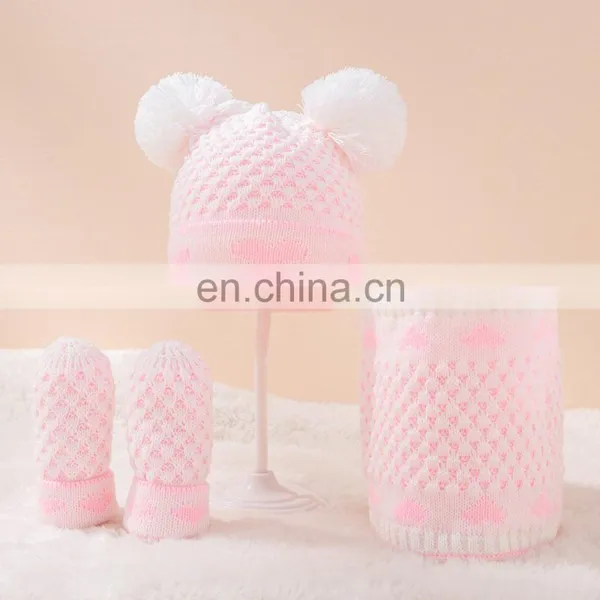 Warm Beanies Hat For Girl Boy Scarf Pompoms Winter Hats Knitted Caps Scarf Gloves 3 Pieces Winter Hat Scarf Set For Child photo-4