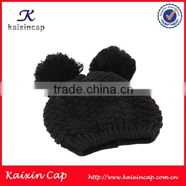 High Quality Black Baby Knit Winter Beanie Hat With Two Balls photo-2