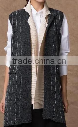 Fashion Lady Sleeveless Turtle Neck Splice Ethnic Long Style Knitted Cardigan Poncho