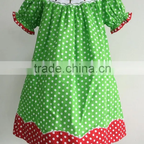 Green With White Polka Dots Children Wholesale Christmas Tree Machine Smocked Bishop Dress
