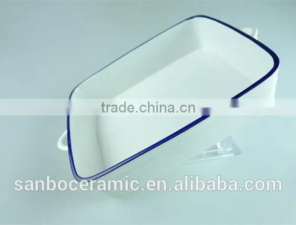 White Blue Line Zakka Style Enamel Ceramic Baking Dish With Handles Rectangular Baking Dish photo-4