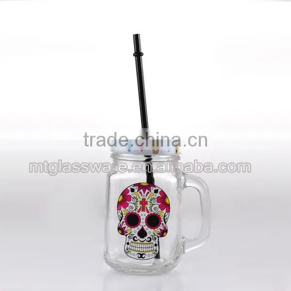 16oz Halloween White Smile Skull Decal Glass Mason Jar Drinking Water Glass Cup photo-4