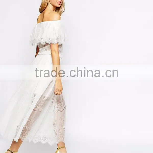 MGOO Design Vintage Boho Lace Off Shoulder Maxi Dress White Embroideered Elegant Bohemian Dress photo-4