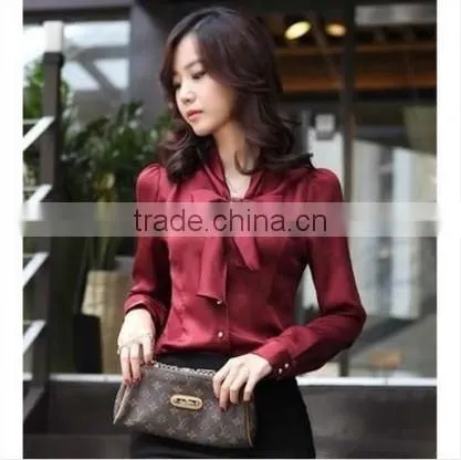 F20046B Korea Style Long Sleeve Bowknot Women Blouse Slim Tops Design photo-2