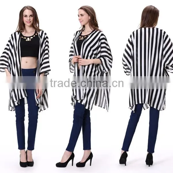 2016 Hot Sale New Fashion Black White Vertical Striped Women Top photo-2