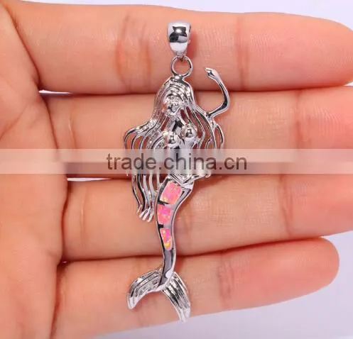 Rhodium Plated Mermaid Jewelry 925 Sterling Silver Synthetic Blue Opal Mermaid Pendant Quality Choice photo-4