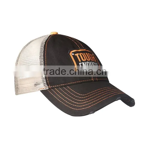 Wholesale Jean Fabric Embroidery Patch Logo Worn Out Trucker Mesh Cap photo-3