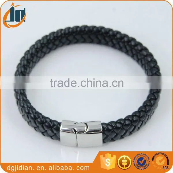 Fashion Rose Gold Bracelet and Black Leather Stainless Steel Bangle photo-5