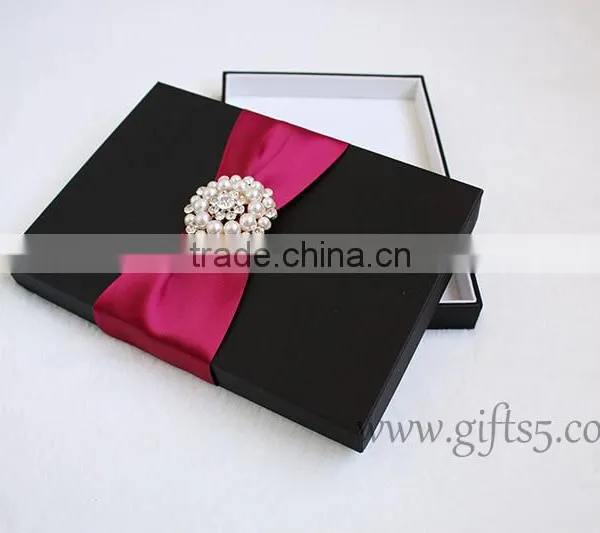 Black Color Silk Wedding Invitation Box With Crown Brooch Embellishment photo-6