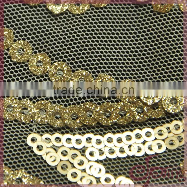 Gold Metallic Embroidery Mesh Fabric, Elegany Floral Embroidered Sequin Fabric photo-4