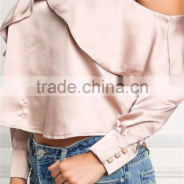 MGOO 2017 Latest Designs Women Satin Blouses Tops Plain Fashion Off Shoulder Crop Custom Ruffles Shirts photo-4