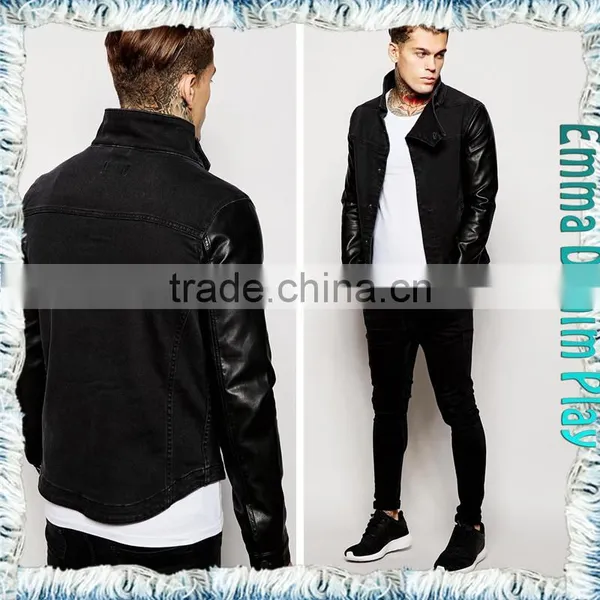 Manufactory Wholesales Black Denim Man Leather Sleeves Jackets photo-3