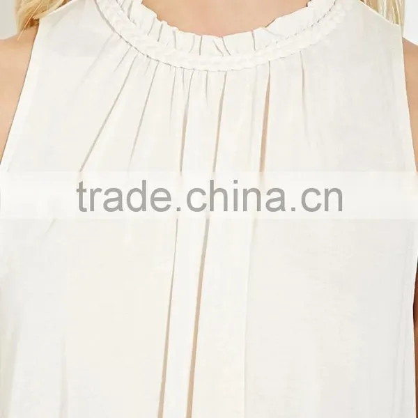 2016 Guangzhou Shandao Oem Service Summer New Design Casual Chiffon Plain Dyed Sleeveless Women Pleated Manufacturers Top photo-5