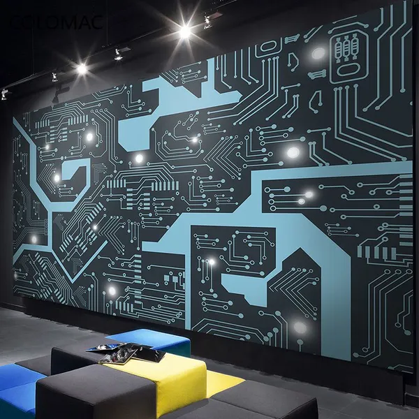 Custom Metal Circuit Board Wallpaper Technology Office Blue Background Wall Gaming Room Decoration Mural Dropshipping photo-3