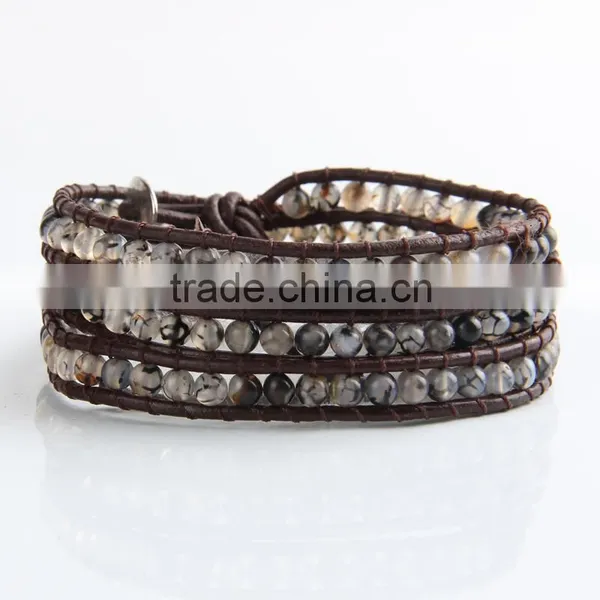 Fashion Jewelry 4 Strands 4mm Agate/Turquoise/Aquamarine/Opal Handmade Brown Leather Beaded Wrap Bracelet Excellent Handwork photo-2