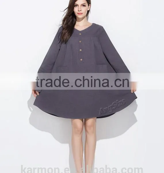 Sunflower Coconut Shell Buttons Casual Linen Dress Plus Size Dress photo-3