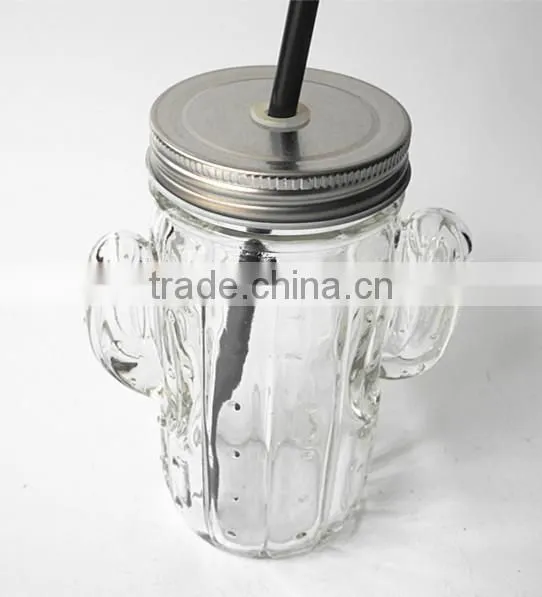 Cactus Plant Unique Shape Clear Glass Juice Mason Jar With Silver Lid and Straw photo-2