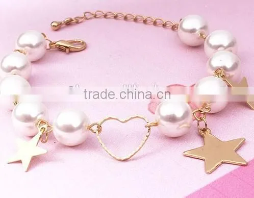 Gold Heart Star Charms Pearl Link Bracelet photo-3