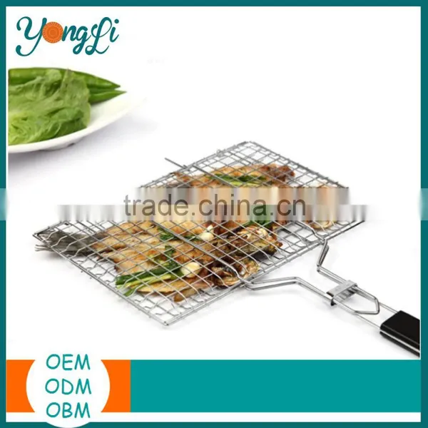 BBQ Barbecue Grilling Basket Roast Folder Tool with Wooden Handle