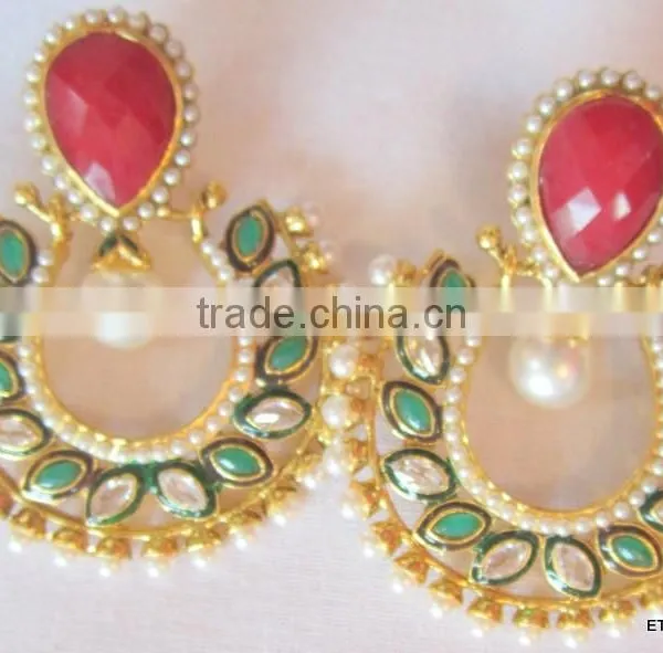 Red Green Bollywood Polki Gold Tone Dangler EARRINGS photo-2