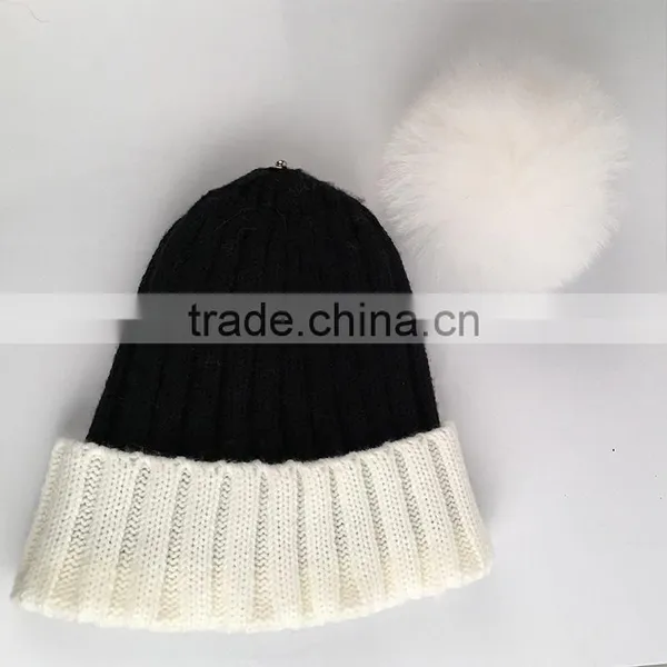 Myfur White Fox Body Fur Thick Fur Pompoms Knitted Adult Beanie Cap photo-3