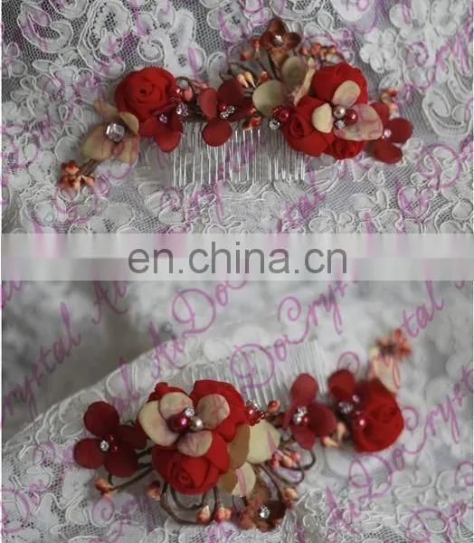 Aidocrystal Marsala Burgundy Hair Accessory Red Floral Hair Comb Hair Flower With Leaves Wedding Fascinators for Women photo-3