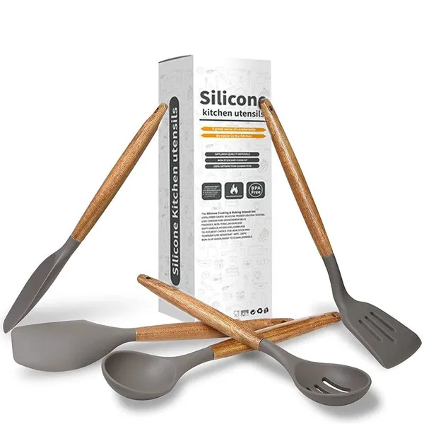 Kitchen Accessories Home and Kitchen Cookware Sets Non Stick Silicone Kitchen Utensils Set With Wood Handle photo-2