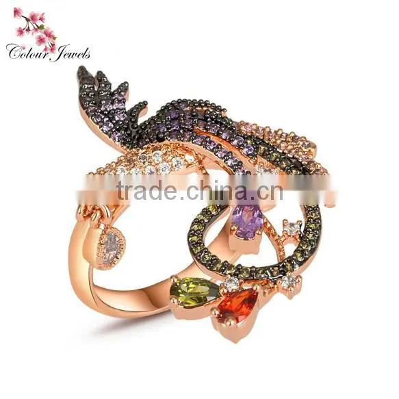 Rose Gold Plated and White Gold Plated Big Size Women Multi Black CZ AAA Prong Setting Phenix Animal Bird Ring