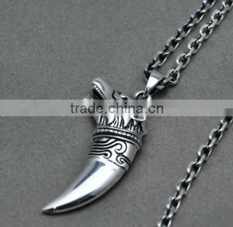 Vintage 925 Sterling Silver Mens Wolf Head Teeth Pendant Necklace Pendant photo-2