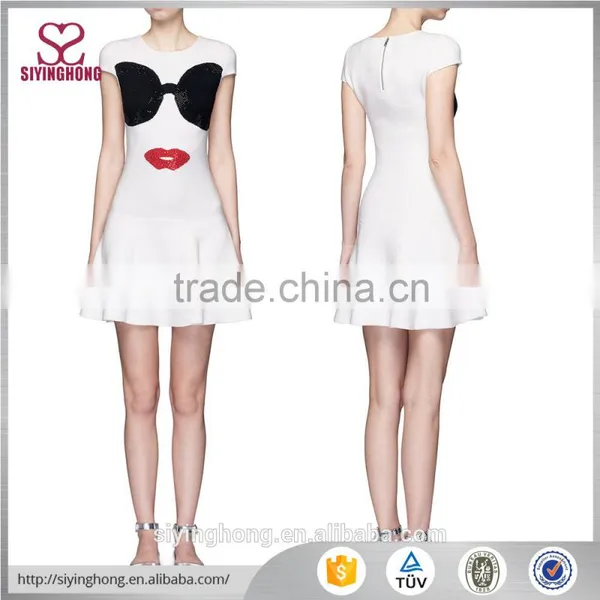 'Stacey's Face' Instarsial Crystal Embellished Dress Flared Hem White Knit Fashion Women Dress Supplier's Choice